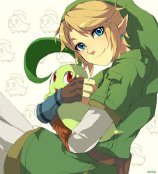 Rule 34 | 1boy, blonde hair, blue eyes, chikorita, closed mouth, company connection, creatures (company), crossover, earrings, fingerless gloves, game freak, gen 2 pokemon, gloves, green headwear, hat, hug, jewelry, link, looking at another, looking at viewer, muse (rainforest), nintendo, open mouth, pointy ears, pokemon, pokemon (creature), red eyes, short hair, sitting, smile, super smash bros., the legend of zelda, the legend of zelda: twilight princess