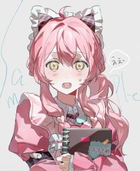 Rule 34 | 1girl, ahoge, bad id, bad twitter id, blush, bow, collared shirt, commentary, english commentary, frilled bow, frills, grey background, hair bow, highres, long hair, looking at viewer, lower teeth only, open mouth, original, pink hair, pink shirt, ponytail, qing yan xia, shirt, solo, speech bubble, sweatdrop, teeth, translated, upper body, yellow eyes