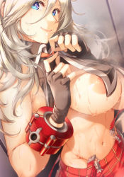 Rule 34 | 1girl, absurdres, alisa ilinichina amiella, areola slip, armpit crease, asymmetrical gloves, bare shoulders, black vest, blue eyes, bracer, breasts, closed mouth, collared vest, commentary request, cowboy shot, elbow gloves, fingerless gloves, gloves, god eater, god eater burst, grey hair, groin, hair between eyes, hands up, hatori mia, highres, indoors, large breasts, lifting own clothes, long hair, looking at viewer, navel, plaid, red skirt, sidelocks, single elbow glove, skirt, smile, solo, standing, steaming body, stomach, suspender skirt, suspenders, suspenders slip, sweat, underboob, vest, vest lift