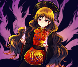 Rule 34 | 1girl, black dress, blonde hair, chinese clothes, dress, fox tail, hair ornament, junko (touhou), long hair, long sleeves, multiple tails, red eyes, sash, smile, solo, tabard, tail, touhou, uranaishi (miraura), very long hair, wavy hair, wide sleeves