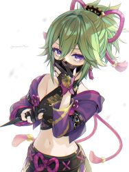 Rule 34 | 1girl, artist name, bare shoulders, black shirt, blouse, commentary request, crop top, cropped jacket, genshin impact, green hair, highres, jacket, kuki shinobu, long sleeves, looking at viewer, mask, memeno, midriff, mouth mask, nail polish, navel, off shoulder, open clothes, open jacket, partial commentary, ponytail, purple eyes, purple jacket, purple nails, shirt, short hair, simple background, sleeveless, sleeveless shirt, solo, stomach, twitter username, upper body, white background
