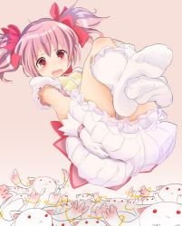 Rule 34 | 10s, 1girl, blush, bubble skirt, choker, feet, feet together, gloves, hair ribbon, highres, kaname madoka, kneehighs, kyubey, looking at viewer, magical girl, mahou shoujo madoka magica, mahou shoujo madoka magica (anime), no shoes, open mouth, passevo, pink eyes, pink hair, ribbon, short twintails, skirt, socks, soles, solo, twintails, two side up, white gloves, white socks