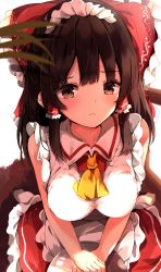 Rule 34 | 1girl, absurdres, alternate costume, apron, blush, bow, breasts, brown eyes, brown hair, closed mouth, enmaided, frown, hair between eyes, hair bow, hakurei reimu, headdress, highres, kneeling, large breasts, long hair, looking at viewer, maid, plant, red skirt, shangurira, short twintails, sidelocks, simple background, skirt, solo, touhou, twintails, white background, white legwear