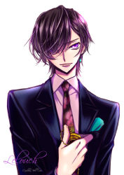 Rule 34 | 1boy, bellomi918, black hair, black jacket, character name, code geass, earrings, formal, holding, jacket, jewelry, lelouch vi britannia, looking at viewer, male focus, necktie, parted bangs, pink shirt, purple eyes, shirt, short hair, simple background, solo, upper body, white background