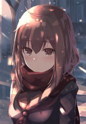 Rule 34 | 1girl, ahoge, blush, brown eyes, brown hair, c.c.r (ccrgaoooo), commentary, enpera, eyebrows, hair between eyes, highres, light particles, light rays, looking at viewer, matching hair/eyes, neckerchief, original, parted lips, scarf, school uniform, sketch, solo, tree
