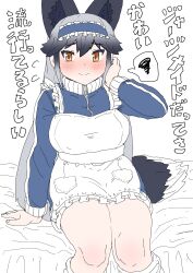Rule 34 | 1girl, absurdres, animal ears, apron, black hair, blue hairband, blue jacket, blush, extra ears, fox ears, fox girl, fox tail, frilled apron, frilled hairband, frills, grey hair, hair between eyes, hairband, high collar, highres, jacket, jersey maid, kemono friends, kumasyan1998, long hair, long sleeves, maid, maid headdress, multicolored hair, orange eyes, sidelocks, silver fox (kemono friends), sitting, solo, spoken squiggle, squiggle, tail, track jacket, translation request, unconventional maid, white apron
