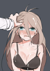 Rule 34 | 1boy, 1girl, absurdres, ahoge, black bra, blonde hair, blush, bra, breasts, cleavage, collarbone, cross neko, cum, cum on body, cum on breasts, cum on hair, cum on nose, cum on upper body, danganronpa (series), danganronpa v3: killing harmony, drooling, ears, facial, grabbing, grabbing another&#039;s hair, grey background, hetero, highres, iruma miu, long sleeves, looking at another, looking at viewer, oma kokichi, open mouth, partially undressed, pov, pov hands, saliva, saliva trail, saliva trail, shirt, simple background, solo focus, underwear, upper body, white shirt
