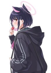 Rule 34 | 1girl, black choker, black hair, blue archive, choker, colored inner hair, extra ears, food, from behind, halo, highres, hood, hooded jacket, hvar127, jacket, kazusa (blue archive), macaron, multicolored hair, pink hair, red eyes, smile, solo, white background