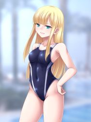 Rule 34 | 1girl, blonde hair, blue eyes, blue one-piece swimsuit, blurry, blurry background, blush, breasts, clenched teeth, competition swimsuit, covered navel, fate/grand order, fate (series), hand on own hip, highleg, highleg swimsuit, long hair, looking at viewer, lord el-melloi ii case files, one-piece swimsuit, reines el-melloi archisorte, sidelocks, small breasts, solo, swimsuit, takanashi tsukasa, teeth, thighs, wet