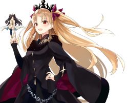Rule 34 | 2girls, :d, asymmetrical legwear, azuuru, bad id, bad twitter id, black bow, black dress, black nails, black sleeves, blonde hair, blue thighhighs, blush, bow, brown hair, diadem, dress, earrings, ereshkigal (fate), ereshkigal (third ascension) (fate), fate/grand order, fate (series), floating hair, hair bow, hand on own hip, highres, index finger raised, ishtar (fate), jewelry, long hair, long sleeves, looking at viewer, mini person, minigirl, multiple girls, nail polish, open mouth, red bow, red eyes, siblings, simple background, single thighhigh, sisters, smile, standing, sweatdrop, thighhighs, twintails, uneven legwear, very long hair, white background
