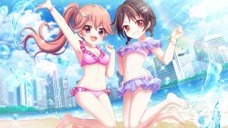 Rule 34 | 2girls, alternate hairstyle, arm up, armpits, bandou mikuru, bare shoulders, barefoot, beach, bikini, bikini skirt, blonde hair, blue skirt, blue sky, bow, bow bikini, bracelet, braid, braided twintails, breasts, brown hair, cityscape, cleavage, cloud, cloudy sky, collarbone, crown braid, day, dot nose, dutch angle, film grain, frilled bikini, frills, game cg, grin, groin, haeno akari, hair ornament, hairclip, hand up, hands up, high ponytail, izumi tsubasu, jewelry, kneeling, lens flare, long hair, looking at viewer, medium breasts, multicolored hair, multiple girls, navel, non-circular lens flare, non-web source, ocean, off-shoulder bikini, off shoulder, official art, open mouth, orange hair, outdoors, pink bikini, polka dot, polka dot bikini, purple eyes, re:stage!, red eyes, short hair, short twintails, side-tie bikini bottom, skirt, sky, small breasts, smile, sparkle, splashing, streaked hair, sunlight, swimsuit, twintails, two-tone hair, water drop, white bikini