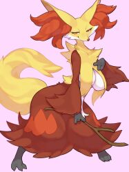 Rule 34 | 1girl, absurdres, areola slip, breasts, creatures (company), delphox, eyelashes, full body, furry, furry female, game freak, gen 6 pokemon, hanging breasts, highres, kame (3t), large breasts, looking at viewer, nintendo, nipple slip, nipples, orange eyes, pink background, pokemon, smile, solo, standing, stick