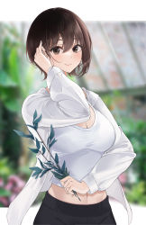 Rule 34 | 1girl, absurdres, black eyes, blurry, blurry background, breasts, brown hair, cleavage, closed mouth, crop top, hand up, highres, holding, jacket, large breasts, lebring, long sleeves, looking at viewer, midriff, navel, open clothes, open jacket, original, outside border, shirt, short hair, sleeveless, sleeveless shirt, smile, solo, upper body, white jacket