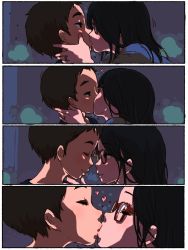 Rule 34 | 2girls, black hair, brown hair, comic, closed eyes, hand on another&#039;s chin, forehead-to-forehead, glasses, hand on another&#039;s face, heads together, heart, jewelry, kiss, long hair, m k, multiple girls, original, ring, short hair, smile, wife and wife, yuri