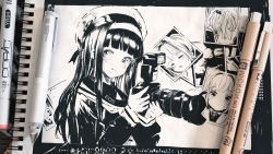 Rule 34 | 3d, :q, beret, blunt bangs, camera, cardcaptor sakura, closed eyes, closed mouth, commentary request, daidouji tomoyo, faux traditional media, greyscale, hair bobbles, hair ornament, hairband, hands up, hanecha1220, hat, highres, holding, holding camera, kinomoto sakura, long hair, long sleeves, looking at viewer, monochrome, parted lips, pen, photo (object), profile, sailor collar, sketch, smile, solo focus, tongue, tongue out, upper body