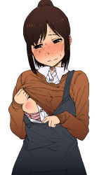 Rule 34 | 1girl, apron, blush, bra, bra pull, breast slip, breasts, brown eyes, brown hair, clothes lift, clothes pull, embarrassed, fumitan (humitan), looking away, nipples, one breast out, original, shirt lift, short hair, solo, sweatdrop, underwear
