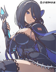 Rule 34 | 1girl, black cape, black dress, black gloves, black hair, black thighhighs, blue eyes, breasts, cape, character request, cleavage, dress, fingerless gloves, from below, gloves, hair ornament, irie keisuke (handn), large breasts, long hair, looking at viewer, phantasy star, phantasy star online 2, simple background, solo, staff, thighhighs, thighs, twitter username, white background