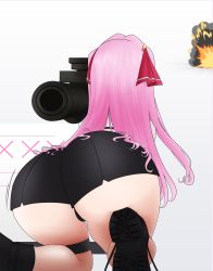 Rule 34 | 1girl, absurdres, artist request, ass, black shorts, cameltoe, explosion, from behind, goddess of victory: nikke, hair ribbon, high heels, highres, huge ass, jiggle, kneeling, long hair, motion lines, nodachi, pink hair, ribbon, rocket launcher, shiny clothes, shiny skin, short shorts, shorts, solo, thick thighs, thigh strap, thighs, very long hair, weapon, yuni (nikke)