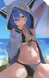 Rule 34 | 1girl, absurdres, beach, beach umbrella, bikini, black bikini, blue eyes, blue hair, blue sky, blush, breasts, closed mouth, front-tie top, highres, hololive, hood, hooded jacket, hoshimachi suisei, jacket, jacket over swimsuit, long sleeves, looking at viewer, medium hair, nagiushi, navel, ocean, open clothes, open jacket, outdoors, sitting, sky, small breasts, solo, swimsuit, umbrella, water, white jacket