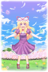 Rule 34 | 1girl, acchii (gb06109), aged down, atchii, blue sky, blush, bow, breasts, brown footwear, bubble, cherry blossoms, choker, cloud, dandelion, day, dress, elbow gloves, flower, forest, frilled dress, frills, gloves, grass, hair bow, happy, hat, hat ribbon, highres, legs, long hair, looking at viewer, mob cap, mountain, nature, open mouth, outdoors, outstretched arms, puffy short sleeves, puffy sleeves, purple dress, purple eyes, ribbon, ribbon choker, shoes, short dress, short sleeves, sidelocks, sky, small breasts, smile, socks, solo, tongue, touhou, tree, white gloves, white socks, yakumo yukari