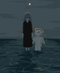 Rule 34 | absurdres, angel, avogado6, barefoot, black dress, black eyes, child, colored skin, commentary request, dress, full moon, grey hair, highres, holding hands, imminent suicide, long sleeves, looking down, looking up, moon, night, original, shirt, shorts, suicide, wading, water, white eyes, white hair, white shirt, white shorts, white skin, white wings, wings