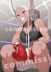 Rule 34 | 1girl, :d, absurdres, animal ears, bare shoulders, black sports bra, blush, boku no hero academia, boxing gloves, boxing ring, boxing shorts, breasts, commission, dark-skinned female, dark skin, gloves, hair bun, highres, koyap, large breasts, lights, long eyelashes, long hair, looking ahead, mirko, on stool, open mouth, parted bangs, rabbit ears, rabbit girl, red eyes, red gloves, shorts, single hair bun, sitting, smile, solo, sports bra, sweaty clothes, teeth, toned, towel, watermark, white hair, white shorts