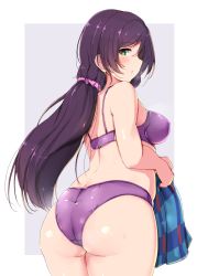 Rule 34 | 1girl, absurdres, ass, bare shoulders, blush, bra, breasts, green eyes, highres, large breasts, long twintails, love live!, love live! school idol project, panties, parted bangs, purple bra, purple hair, purple panties, shinonon (iso shino), simple background, skirt, solo, tagme, thighs, tojo nozomi, twintails, underwear, underwear only, undressing, unworn skirt