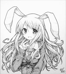 Rule 34 | 1girl, animal ears, anzu ame, artist name, blazer, blush, rabbit ears, crescent, female focus, graphite (medium), greyscale, highres, jacket, long hair, looking at viewer, millipen (medium), monochrome, open mouth, reisen udongein inaba, shikishi, signature, sketch, smile, solo, touhou, traditional media, upper body