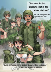 Rule 34 | army, clothed sex, doggystyle, gogocherry, hard-translated, highres, sex, sex from behind, tagme, text focus, third-party edit, translated, underwear, uniform