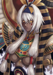 Rule 34 | 1girl, breasts, dark-skinned female, dark skin, egyptian, facial mark, fate/grand order, fate (series), highres, large breasts, long hair, nitocris (fate), nitocris alter (fate), nitocris alter (third ascension) (fate), revealing clothes, serious, signature, tokiwa migiri, underboob, upper body, usekh collar, white hair, yellow eyes
