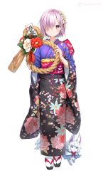 Rule 34 | 1girl, blush, creature, fate/grand order, fate (series), floral print, flower, fou (fate), full body, furisode, hair flower, hair ornament, hair over one eye, highres, holding, japanese clothes, kimono, light purple hair, long sleeves, looking at viewer, marmoset (marmoset0), mash kyrielight, mash kyrielight (grand new year), new year, obi, official alternate costume, purple eyes, sandals, sash, shimekazari, simple background, smile, solo, standing, tabi, twitter username, white background, white legwear, wide sleeves, zouri