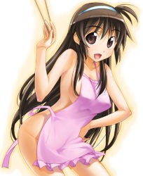 Rule 34 | 1girl, ahoge, apron, breasts, brown eyes, brown hair, chikugen shiina, chopsticks, female focus, hairband, hand on own hip, large breasts, long hair, naked apron, open mouth, sideboob, solo