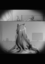 Rule 34 | absurdres, animal ears, arknights, back, bed, blanket, cat ears, comic, completely nude, curtains, greyscale, highres, indoors, lamp, long hair, monochrome, motion lines, nude, on bed, saikre, schwarz (arknights), silent comic, sitting, under covers, very long hair, waking up