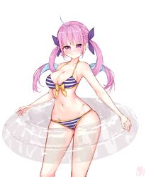 Rule 34 | 1girl, absurdres, ahoge, alternate costume, blush, breasts, embarrassed, highres, hololive, lifebuoy, looking at viewer, ma draws, medium breasts, minato aqua, navel, nervous, pink eyes, pink hair, smile, swim ring, swimsuit, twintails, virtual youtuber, white background