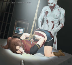 Rule 34 | 1girl, absurdres, all fours, arms behind back, artist name, ass, ass grab, azasuke, bdsm, bike shorts, blood, blue eyes, bondage, boots, bound, box tie, brown hair, claire redfield, clenched teeth, clothed sex, doggystyle, fingerless gloves, game over, game over screen, gloves, highres, jacket, legs, long hair, looking back, monster, navel, nude, ponytail, rape, resident evil, rope, sex, sex from behind, short hair, short shorts, shorts, sweat, teeth, thighs, top-down bottom-up, vaginal, zombie
