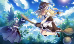 Rule 34 | 2girls, apron, bad id, bad pixiv id, ball and chain restraint, black dress, black gloves, black wings, blonde hair, blue eyes, blue sky, bow, braid, broom, broom riding, capelet, cloud, crossed arms, day, dress, closed eyes, gloves, green hair, hair bow, hat, hat bow, kirisame marisa, leaf, long sleeves, mima (touhou), multiple girls, puffy sleeves, shirt, short sleeves, single braid, skirt, sky, staff, sun, touhou, touhou (pc-98), training, waist apron, weights, wings, witch, witch hat, yezhi na