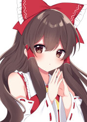 Rule 34 | 1girl, ascot, bare shoulders, blush, bow, brown eyes, brown hair, closed mouth, detached sleeves, hair between eyes, hair bow, hair tubes, hakurei reimu, highres, japanese clothes, long hair, nontraditional miko, red bow, ribbon-trimmed sleeves, ribbon trim, shinonome asu, sidelocks, simple background, solo, touhou, twitter username, upper body, white background, white sleeves, wide sleeves, yellow ascot