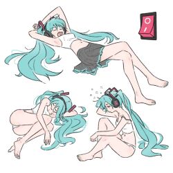 Rule 34 | 1girl, aqua hair, aqua nails, armpits, arms behind head, arms up, barefoot, closed eyes, crossed legs, fetal position, full body, hatsune miku, headphones, headset, highres, long hair, multiple views, nail polish, open mouth, panties, pleated skirt, skirt, solo, squeans, strap slip, stretching, switch, toenail polish, toenails, truffleduster, twintails, underwear, underwear only, very long hair, vocaloid, waking up, white background, yawning