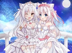 Rule 34 | 2girls, ;d, absurdres, animal ear fluff, animal ears, azur lane, blue eyes, bow, breasts, brown eyes, cat ears, choker, cleavage, commentary request, detached collar, detached sleeves, dress, elbow gloves, fang, flower, full moon, garter straps, gloves, hair between eyes, hair bow, hair flower, hair ornament, hammann (azur lane), hand up, heart, highres, holding hands, huge filesize, interlocked fingers, kurashina yuzuki, long hair, looking at viewer, medium breasts, moon, multiple girls, night, night sky, one eye closed, one side up, open mouth, pink bow, pink flower, pink rose, puffy short sleeves, puffy sleeves, railing, red ribbon, ribbon, rose, see-through, short sleeves, silver hair, skirt hold, sky, small breasts, smile, standing, star (sky), starry sky, strapless, strapless dress, thighhighs, tiara, veil, very long hair, water, white choker, white dress, white gloves, white legwear, yellow ribbon, yukikaze (azur lane)