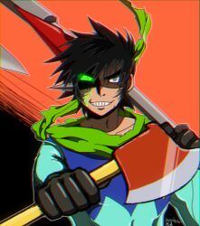 Rule 34 | 1boy, axe, black gloves, black hair, blue bodysuit, bodysuit, collarbone, dated, dual wielding, getter robo, gloves, glowing, glowing eye, green scarf, grin, holding, holding axe, kedama zero, male focus, nagare ryoma, new getter robo, orange background, over shoulder, scarf, sideburns, signature, smile, solo, spiked hair, weapon, weapon over shoulder