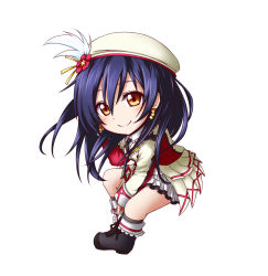 Rule 34 | 10s, 1girl, black hair, blue eyes, boots, brown eyes, chibi, earrings, flower, hair between eyes, hat, hat feather, hat flower, highres, jewelry, kuena, long hair, long sleeves, looking at viewer, love live!, love live! school idol festival, love live! school idol project, pleated skirt, simple background, skirt, smile, solo, sonoda umi, white background