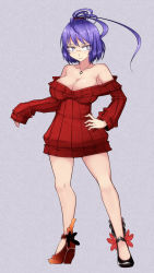 Rule 34 | 1girl, alternate costume, aoshima, bare legs, bare shoulders, bespectacled, breasts, cleavage, collarbone, commentary request, female focus, glasses, hair ornament, hand on own hip, highres, jewelry, large breasts, long sleeves, naked sweater, neckerchief, no bra, off shoulder, pendant, purple eyes, purple hair, ribbed sweater, simple background, solo, sweater, touhou, yasaka kanako