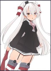 Rule 34 | 1girl, amatsukaze (kancolle), black dress, blush, brown eyes, caburi, cowboy shot, dress, grey hair, hair between eyes, hair tubes, highres, kantai collection, long hair, long sleeves, open mouth, red thighhighs, sailor collar, sailor dress, simple background, solo, thighhighs, two side up, white background, white sailor collar