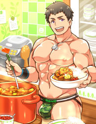 Rule 34 | 1boy, aopanda, bara, brown hair, commentary request, dog tags, food, holding, idolmaster, idolmaster side-m, jewelry, looking at viewer, male focus, muscular, muscular male, open mouth, pectorals, purple eyes, shingen seiji, short hair, smile, solo