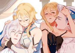 Rule 34 | 1boy, 1girl, absurdres, black camisole, blonde hair, blush, camisole, closed eyes, closed mouth, couple, flower, genshin impact, grabbing, grabbing another&#039;s breast, hair flower, hair ornament, hetero, highres, licking, licking another&#039;s neck, long hair, lumine (genshin impact), neuvillette (genshin impact), open mouth, ririrignsn, short hair, spaghetti strap, tongue, tongue out, white hair, yellow eyes