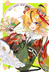 Rule 34 | 1girl, amatou cacao, belt, black bow, black hair, blonde hair, blue nails, bow, chinese zodiac, eyes visible through hair, fang, fingernails, floral print, flower, folding fan, frills, gradient hair, hair ornament, hairclip, hand fan, highres, holding, holding fan, japanese clothes, kimono, long sleeves, medium hair, multicolored hair, nail polish, nengajou, new year, o-ring, o-ring belt, open mouth, orange eyes, original, patterned, patterned clothing, pink flower, red kimono, skin fang, smile, solo, streaked hair, tassel, tiger hair ornament, tongue, wide sleeves, year of the tiger