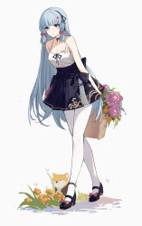 Rule 34 | 1girl, absurdres, alternate costume, ayaka (genshin impact), bare shoulders, black bow, black footwear, black skirt, blue eyes, blue hair, bow, breasts, bug, bush, butterfly, dog, flower, genshin impact, hair ornament, highres, holding, holding flower, insect, long hair, mary janes, medium breasts, mole, mole under eye, open mouth, pantyhose, pink bow, shiba inu, shoes, simple background, skirt, sleeveless, solo, star (symbol), star hair ornament, white pantyhose, yajuu