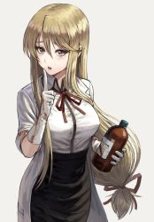 Rule 34 | 1girl, black skirt, blonde hair, bottle, breasts, brown eyes, collared shirt, commentary request, cowboy shot, fagi (kakikaki), finger to mouth, gloves, grey background, hair between eyes, highschool of the dead, holding, holding bottle, lab coat, large breasts, long hair, looking at viewer, low-tied long hair, marikawa shizuka, neck ribbon, open mouth, pencil skirt, red ribbon, ribbon, shirt, simple background, skirt, smile, solo, teeth, upper teeth only, white gloves