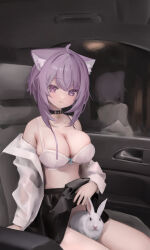 Rule 34 | 1girl, ahoge, animal collar, animal ears, anouetto, areola slip, bare shoulders, black skirt, bow, bow bra, bra, breasts, car interior, cat ears, cat girl, cleavage, closed mouth, clothes lift, collar, highres, hololive, large breasts, looking at viewer, messy hair, nekomata okayu, open clothes, open shirt, purple eyes, purple hair, rabbit, reflection, sidelocks, sitting, skindentation, skirt, skirt lift, smile, underwear, virtual youtuber