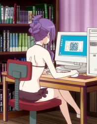 Rule 34 | 10s, 1girl, alternate hairstyle, animated, animated gif, ass, bikini, book, bookshelf, butt crack, chair, computer, monitor, computer tower, crossed legs, gj-bu, mouse (computer), purple hair, shoes, solo, sumeragi shion, swimsuit